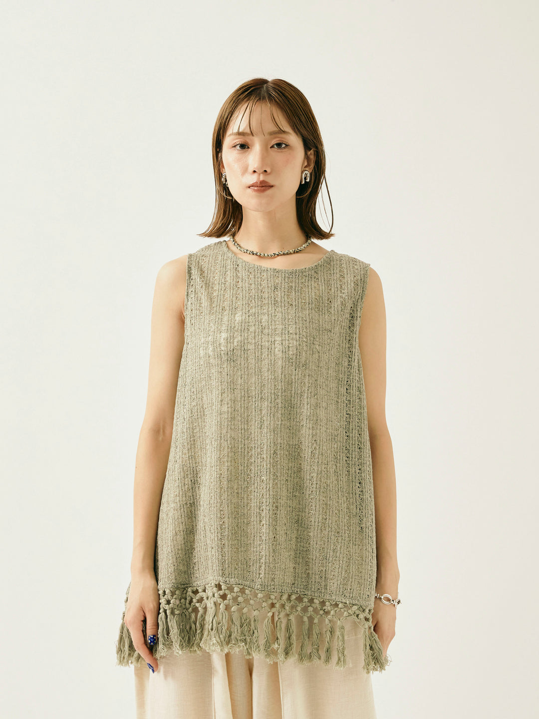 [予約]フリンジ透かし編みニットベスト/カーキ