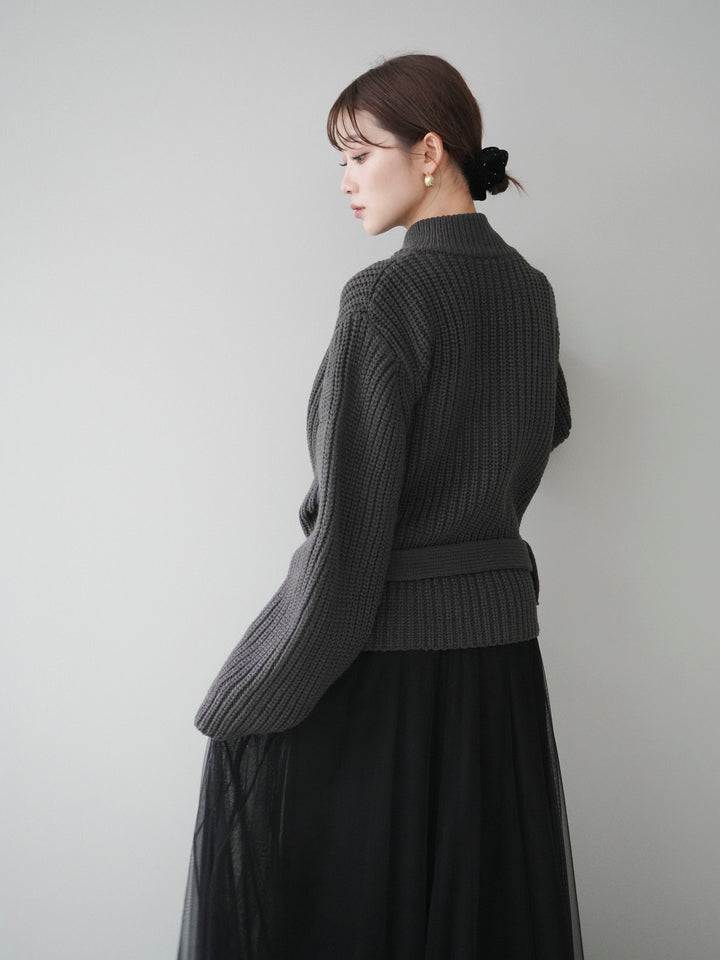 [予約]畦編みボトルネックZIPニットカーディガン/ gray