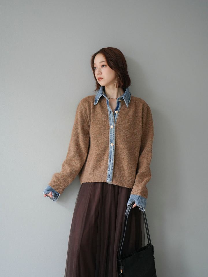 【預購】牛仔領紐扣針織開襟衫/駝色