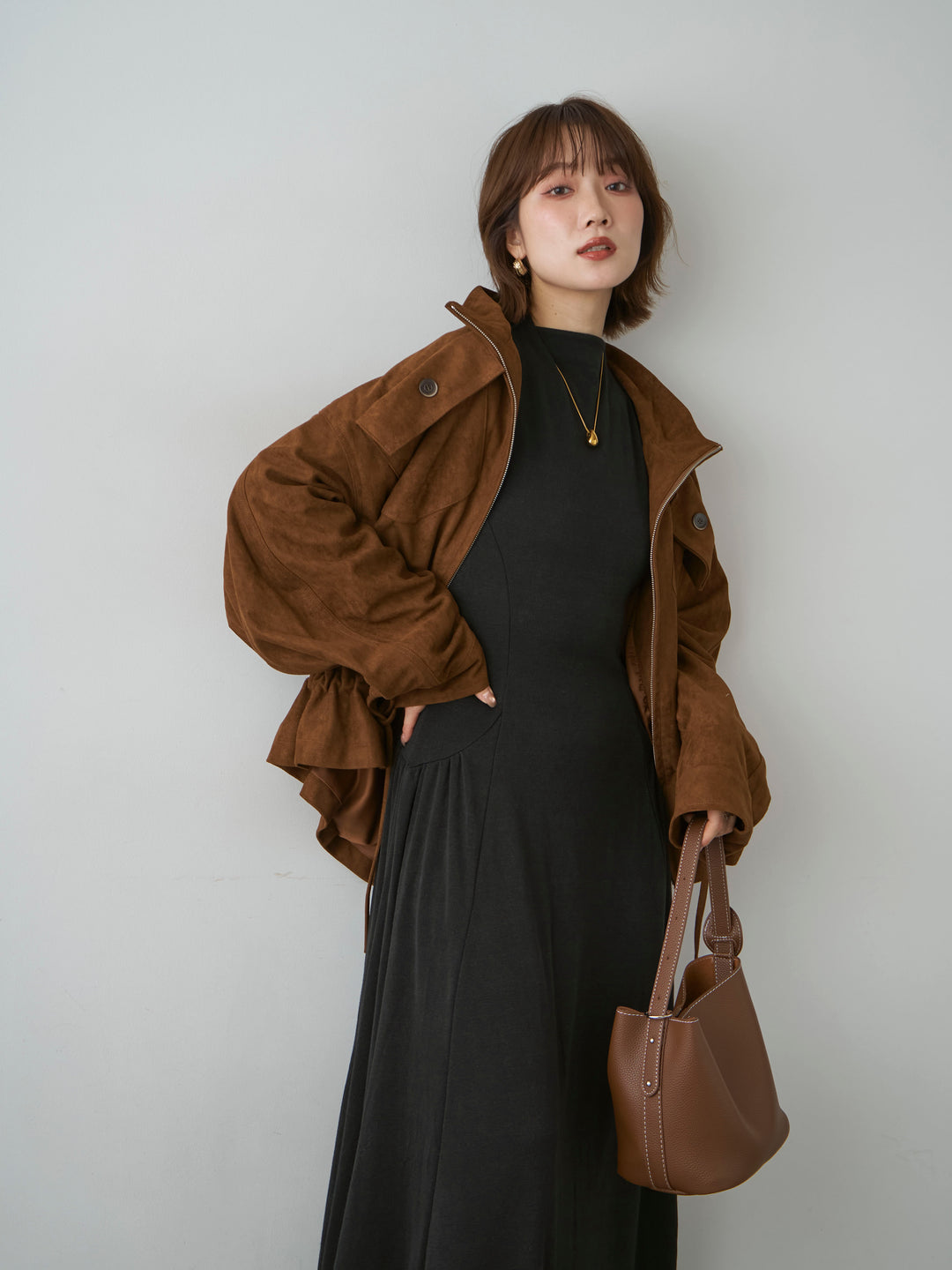[SET]モックネックドレープニットソーワンピース+モックネックドレープニットソーワンピース(2set)
