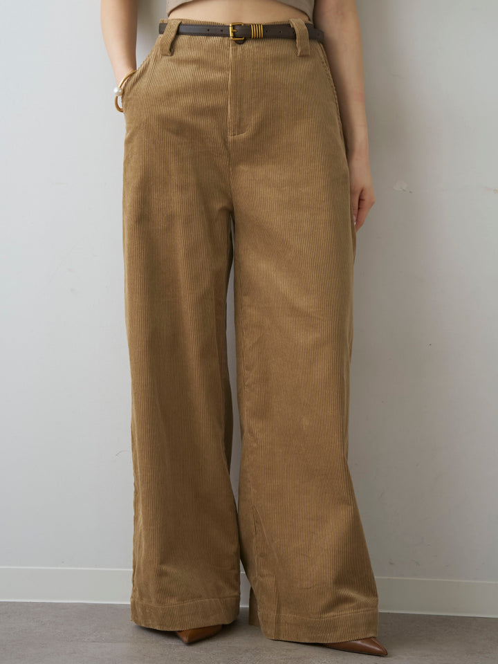 [予約]ベルト付コーディロイワイドストレートパンツ/beige