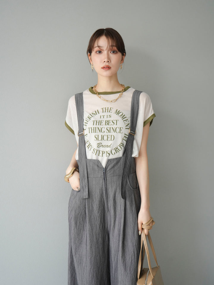 [SET]ストリングデザインハイウエストサロペット+シアーフライス ロゴプリントT (2set)