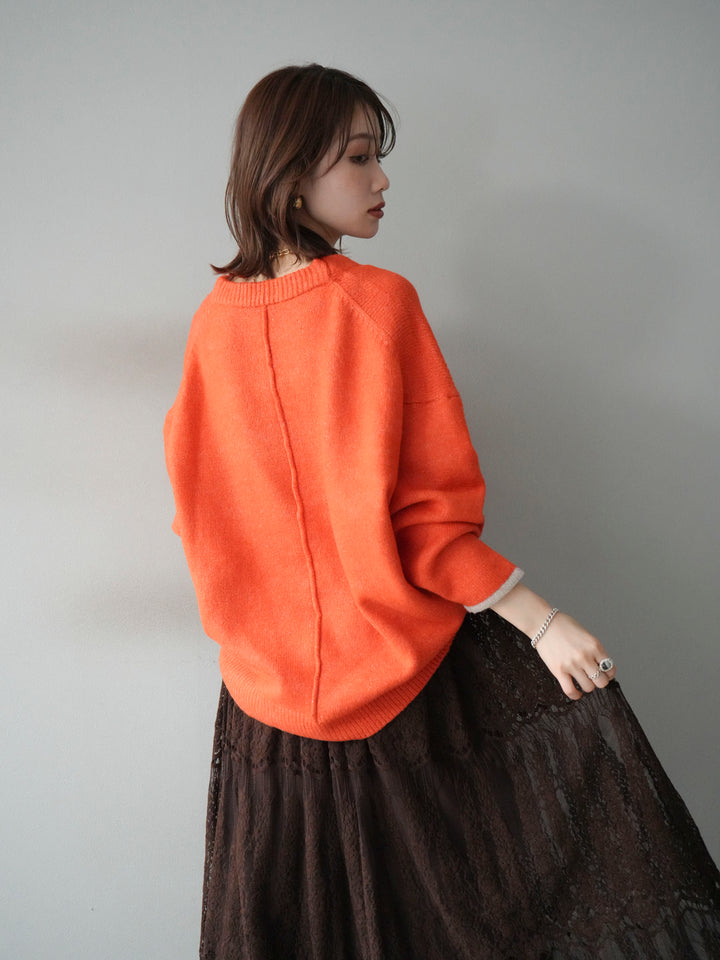 【預購】V領拼色袖針織套頭衫/橘色