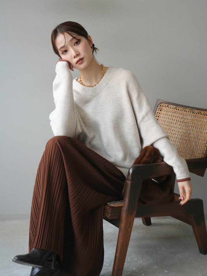 [SET]Vネック配色スリーブニットプルオーバー+選べるアクセセット(2set)