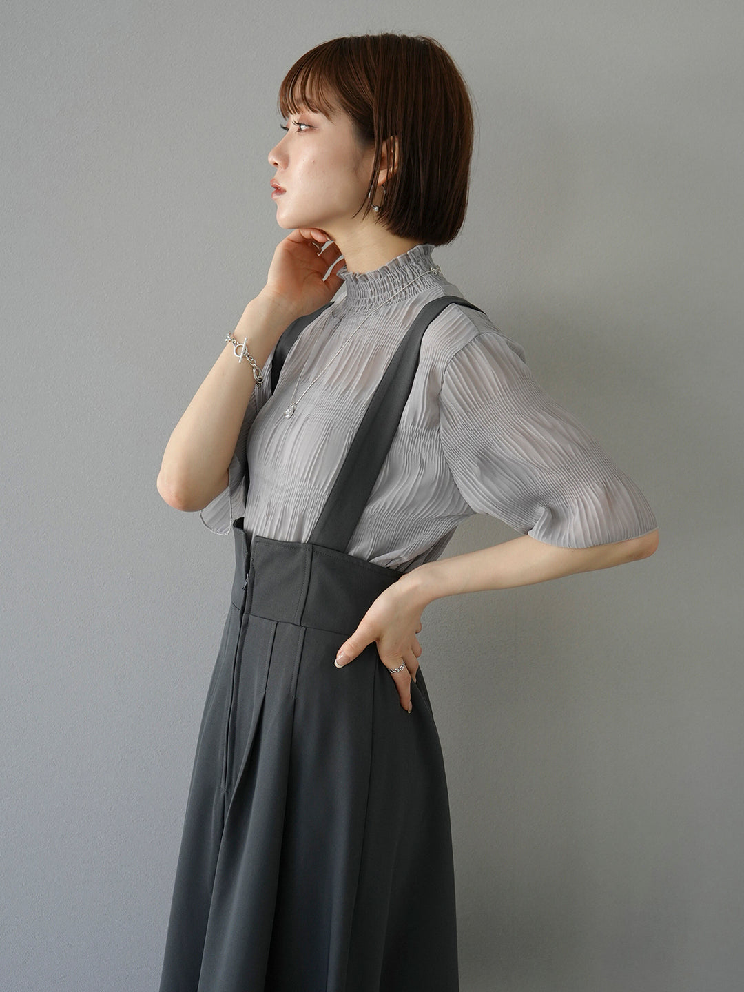 [SET] Shirring chiffon half sleeve blouse + 2WAY flare jumper skirt (2set)