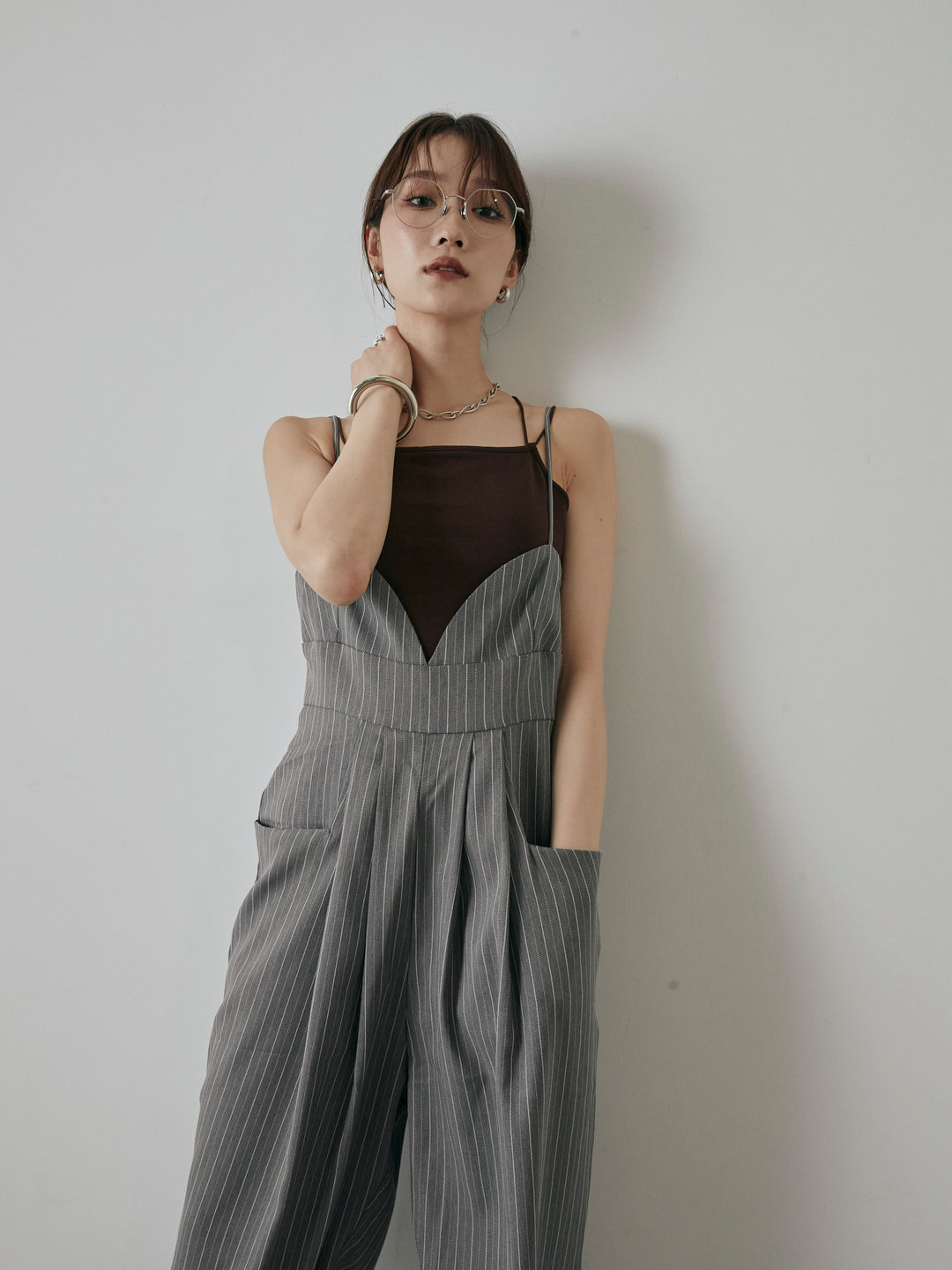 [予約]ヘリンボーンストライプサロペット/チャコール