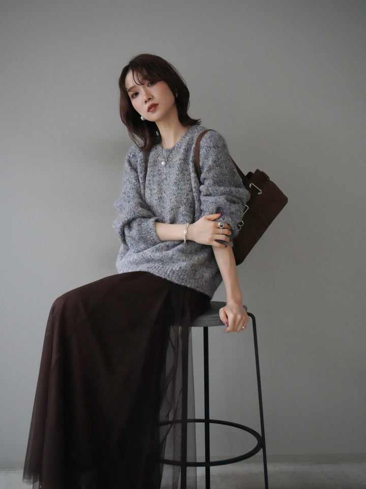 [SET]ロゴラベルミックスヤーンニットプルオーバー+チュールボリュームスカート(2set)