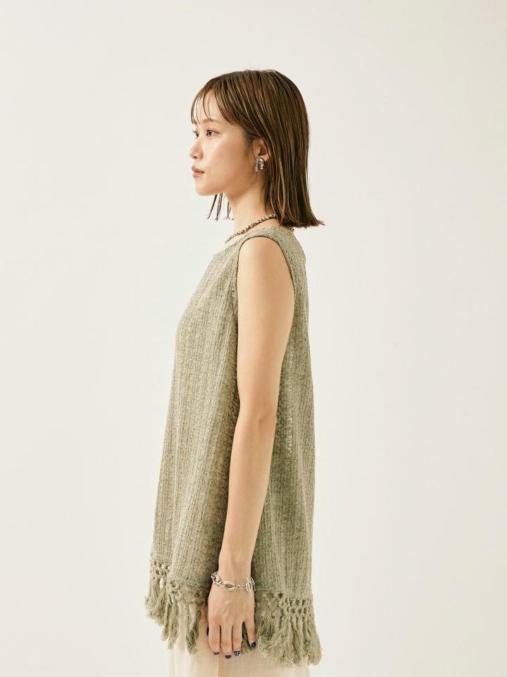 [予約]フリンジ透かし編みニットベスト/カーキ