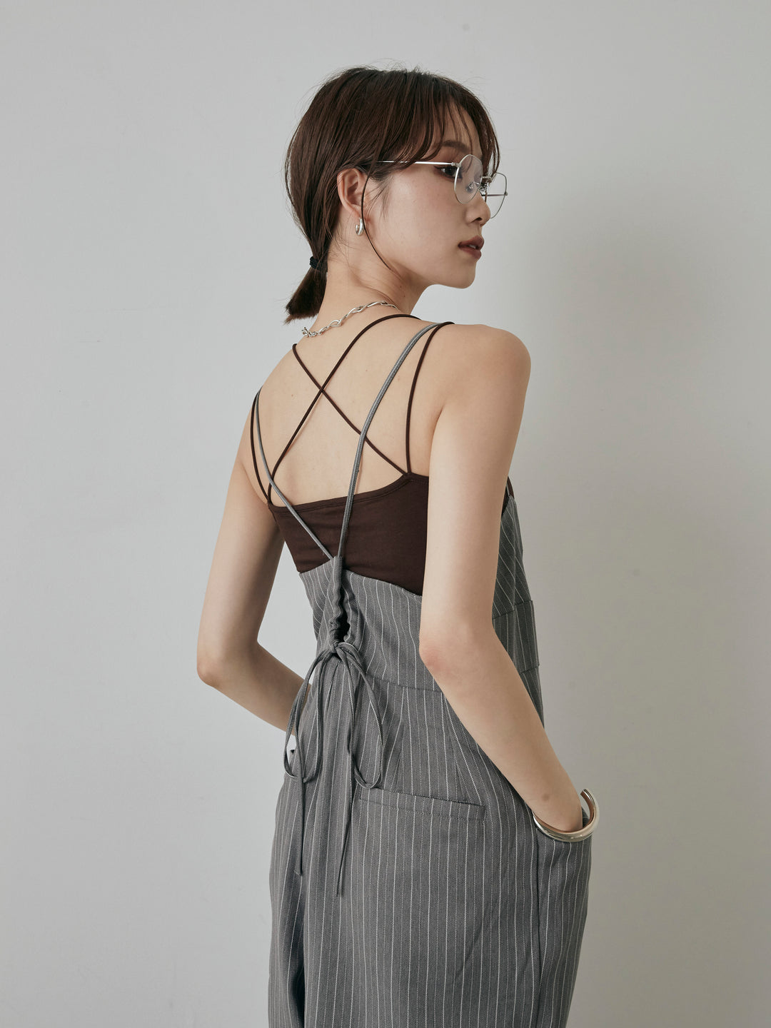 [予約]ヘリンボーンストライプサロペット/チャコール