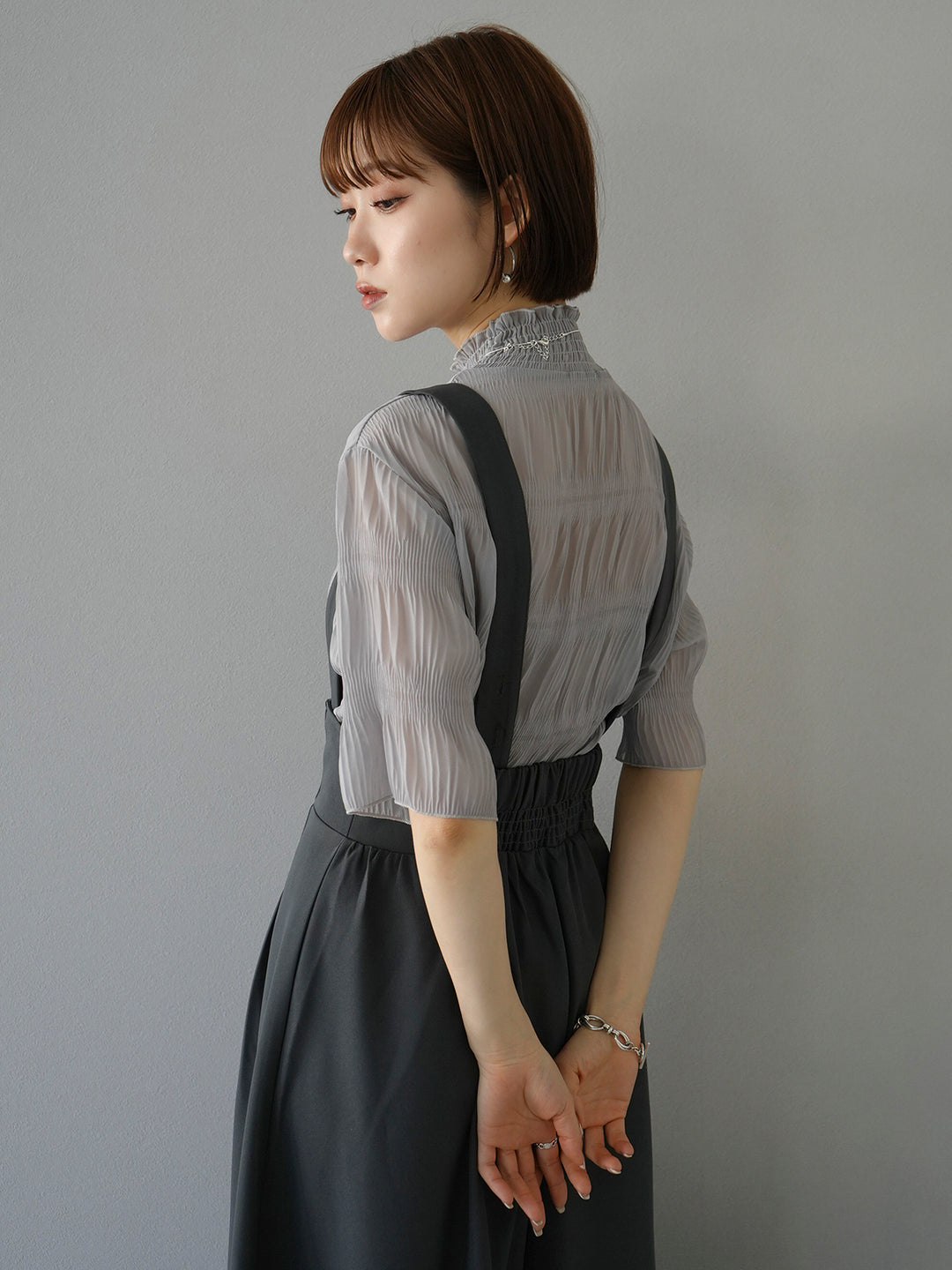 [SET] Shirring chiffon half sleeve blouse + 2WAY flare jumper skirt (2set)