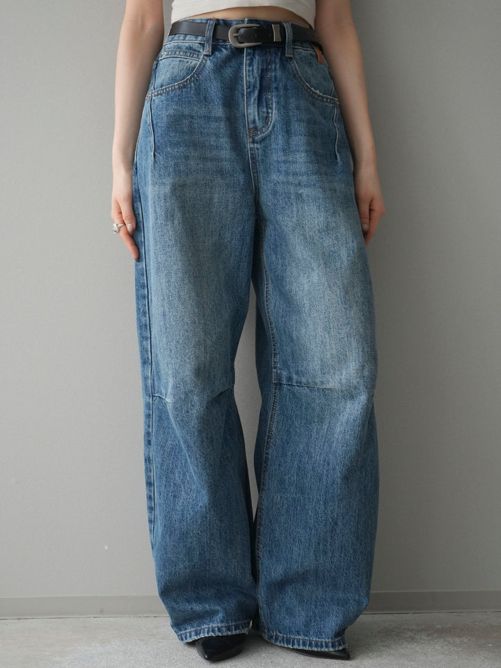 [予約]ベルト付3Dカーブワイドデニムパンツ/blue