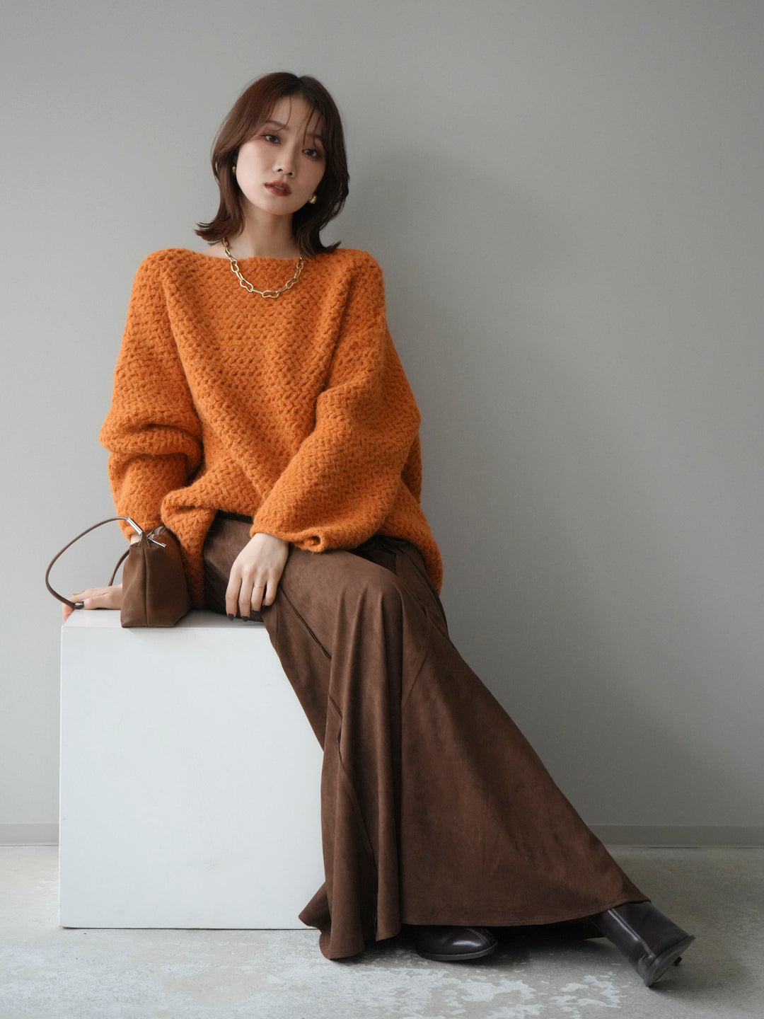 [予約]ワッフル編みオーバーニットプルオーバー/mustard