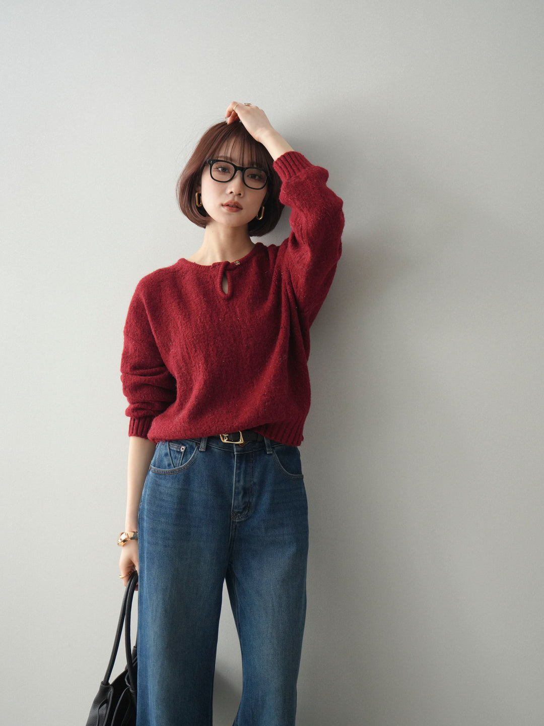 [SET]ツイストネックラメネップヤーンニットプルオーバー+選べるアクセセット(2set)