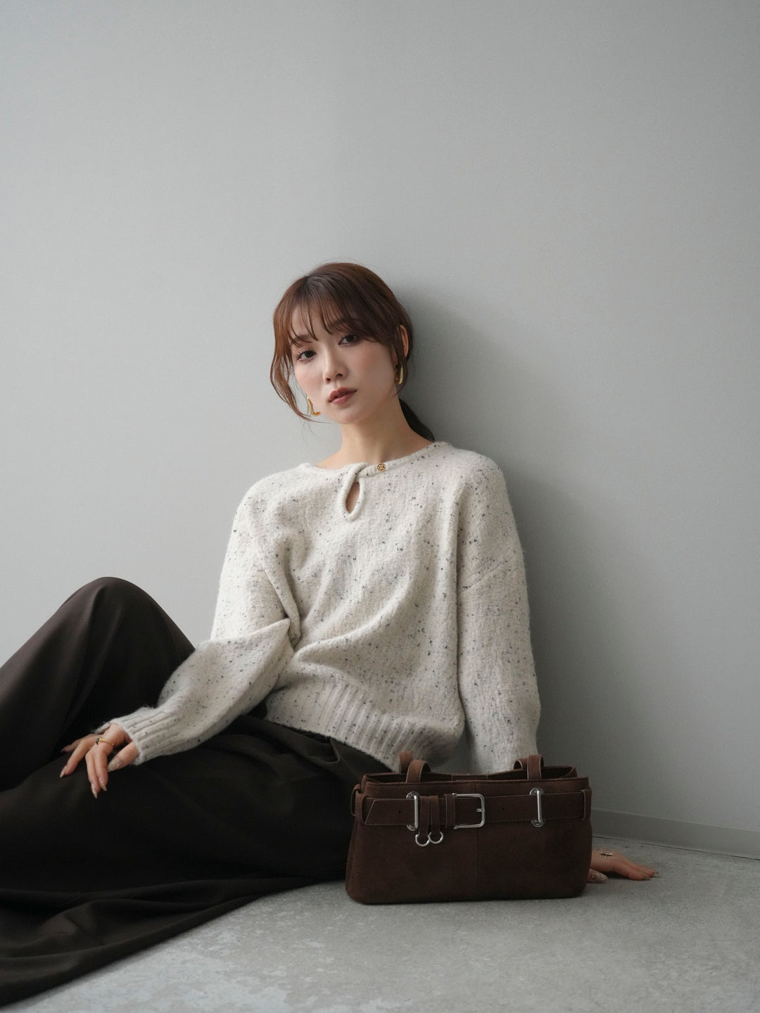 [予約]ツイストネックラメネップヤーンニットプルオーバー/ivory