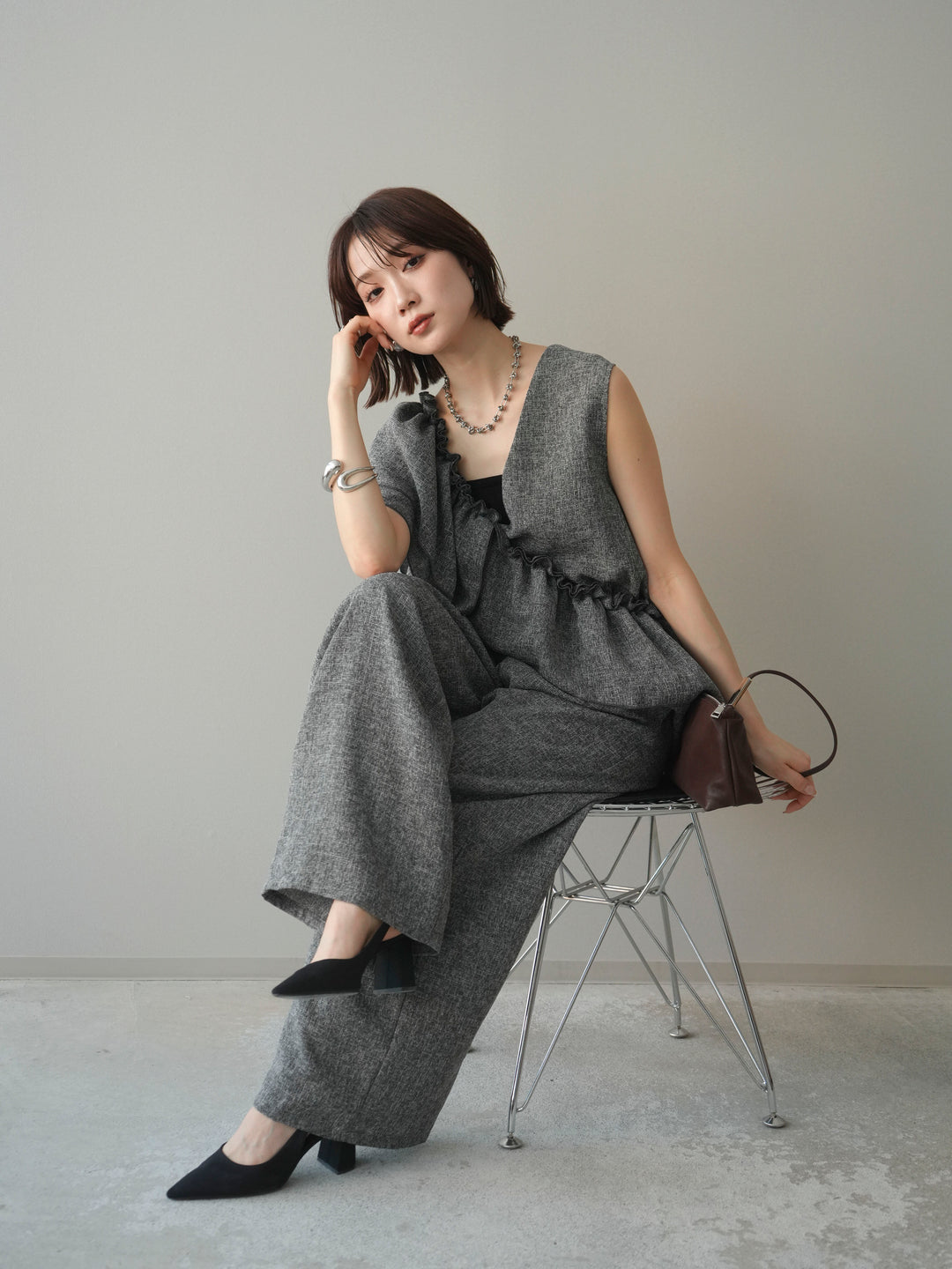 [SET]3WAYミックスツイードギャザーオールインワン+選べるアクセセット(2set)