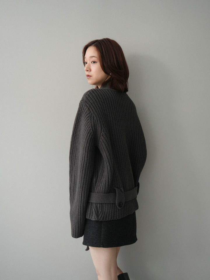 [予約]畦編みボトルネックZIPニットカーディガン/ gray