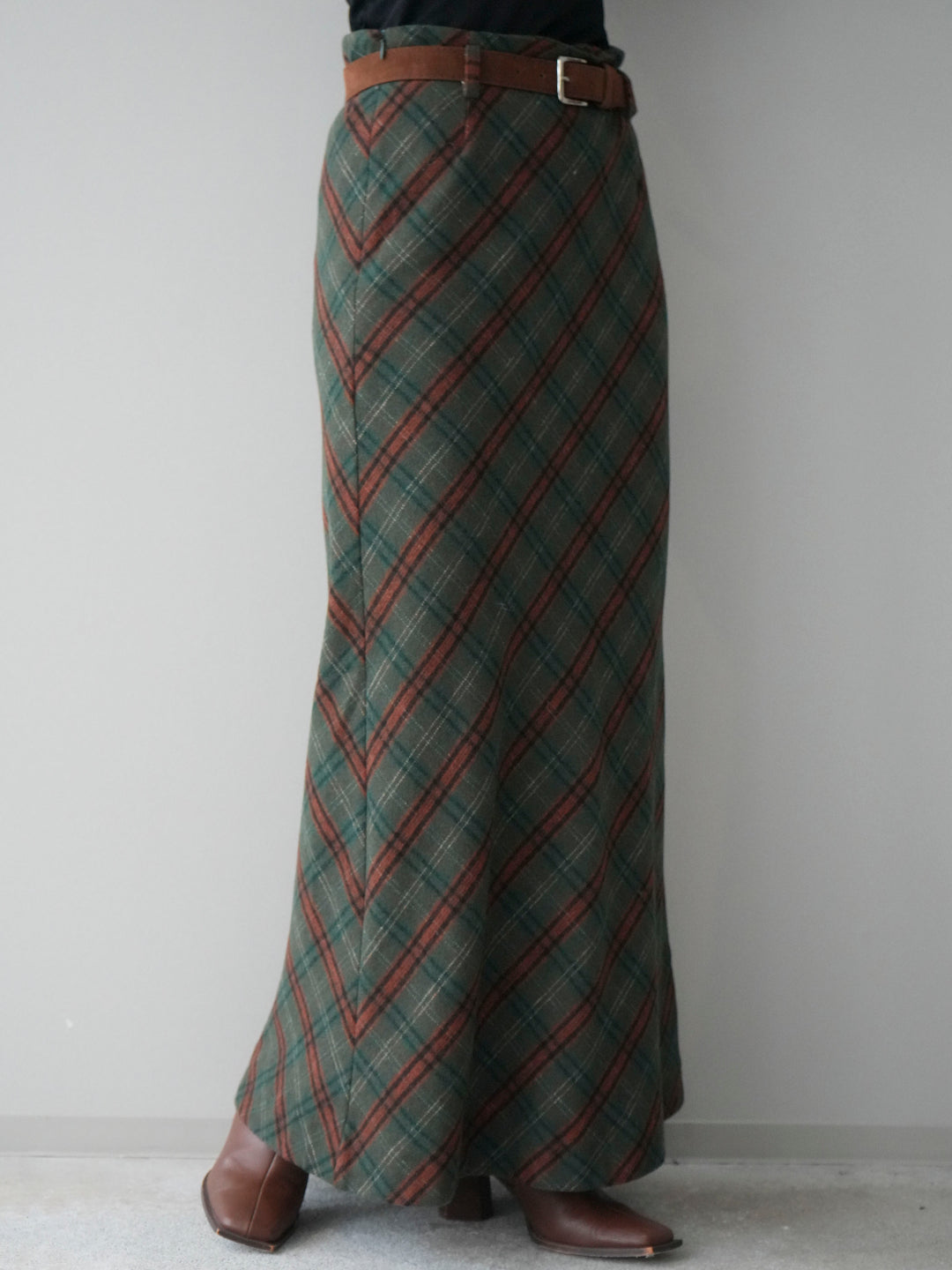 [予約]ベルト付チェック柄ナロースカート/green