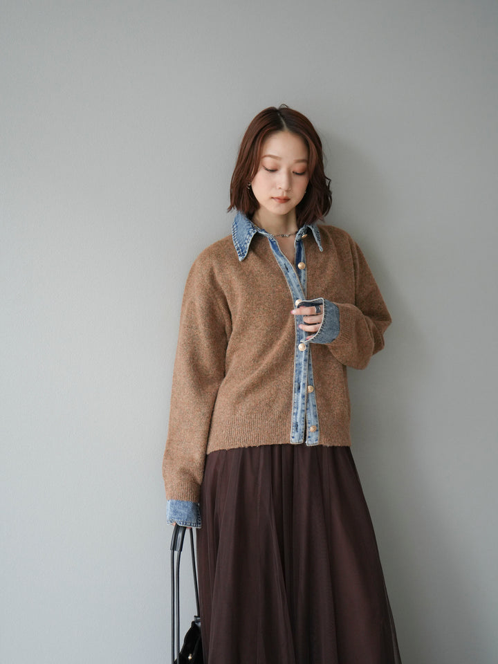 【預購】牛仔領紐扣針織開襟衫/駝色