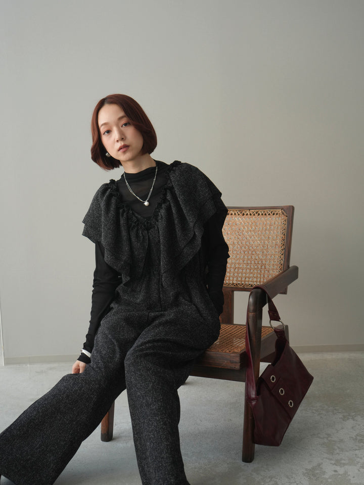 [SET]3WAYミックスツイードギャザーオールインワン+シアープチネックストレッチトップス(2set)