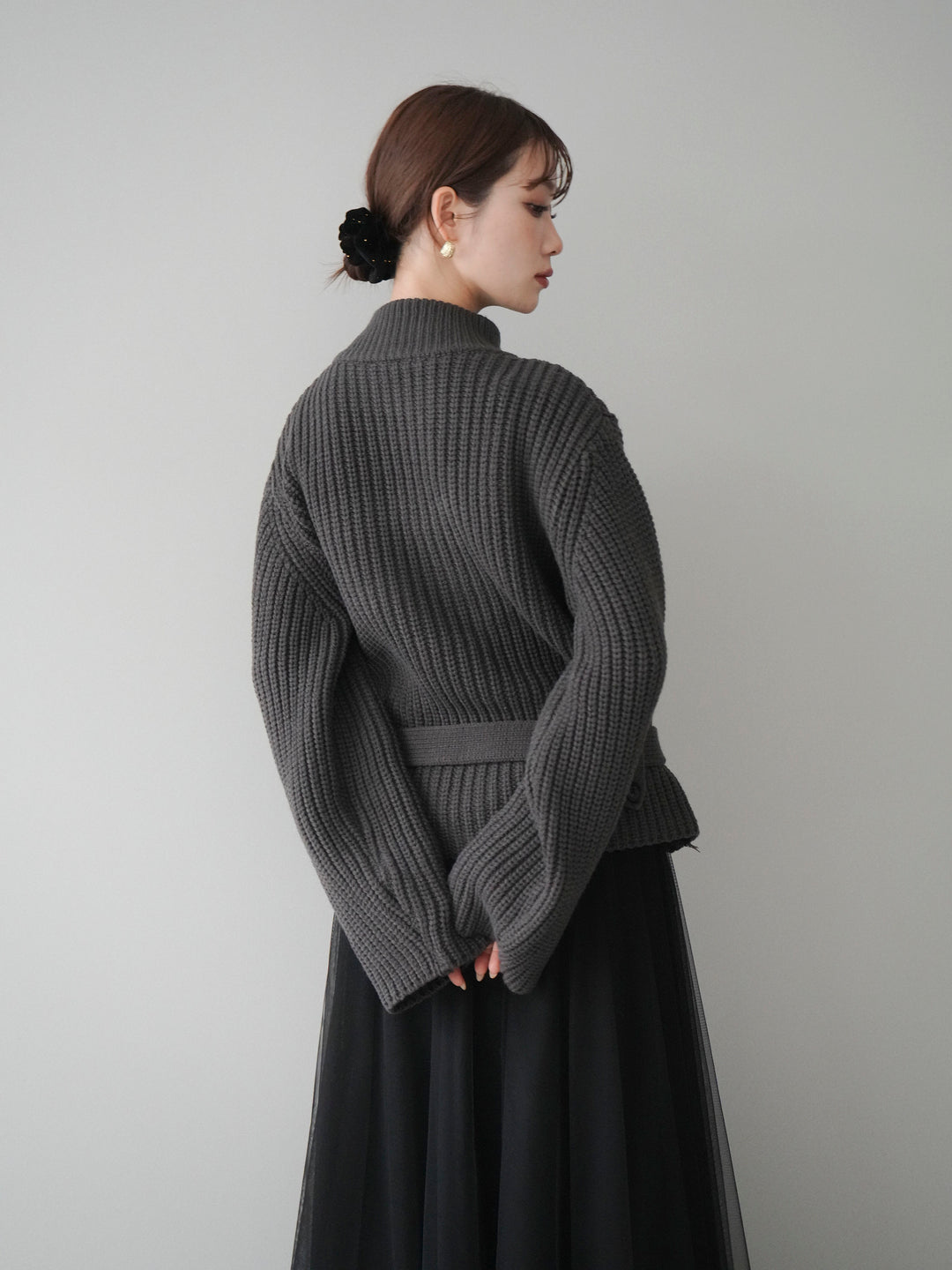 [予約]畦編みボトルネックZIPニットカーディガン/ gray
