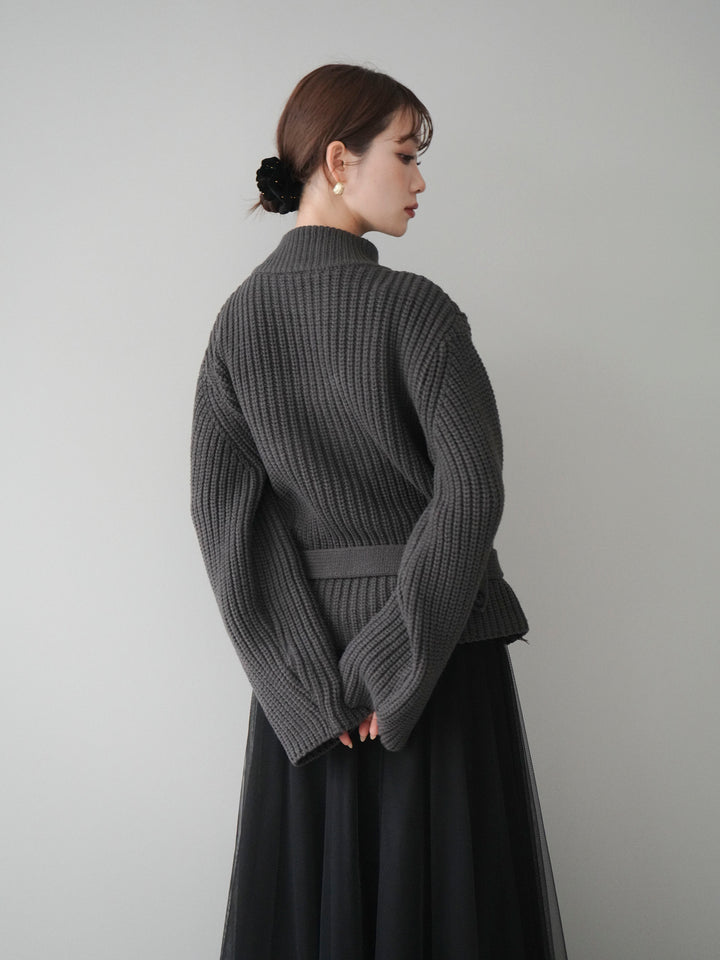 [予約]畦編みボトルネックZIPニットカーディガン/ gray