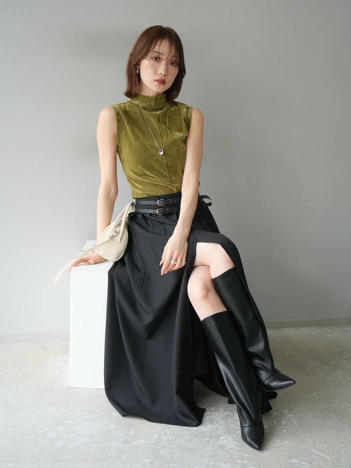 [SET]シアーベロアプチネックノースリーブトップス+エステルプリーツスリットスカート(2set)