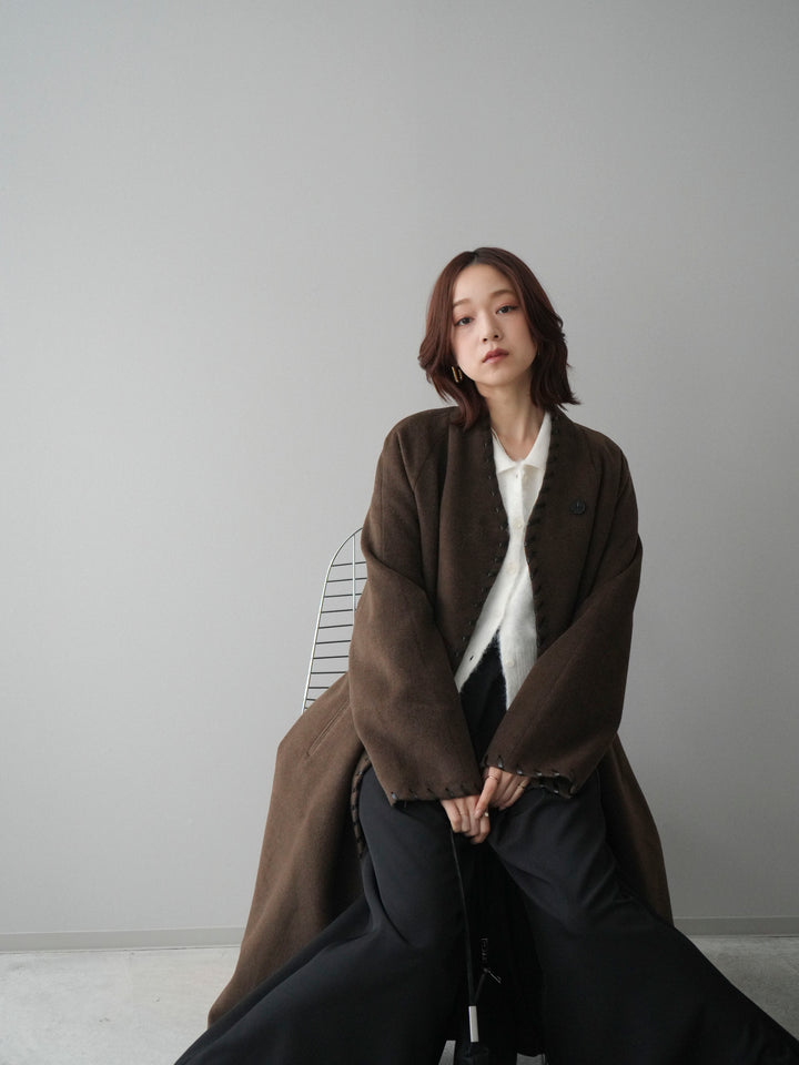 [SET]ハンドステッチ裏中綿ロングコート+モヘア衿付きボタンプルオーバー+テープベルトタックバギーパンツ(3set)