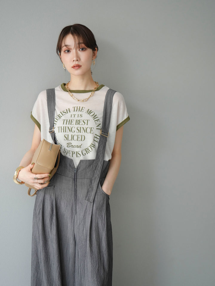 [SET]ストリングデザインハイウエストサロペット+シアーフライス ロゴプリントT (2set)