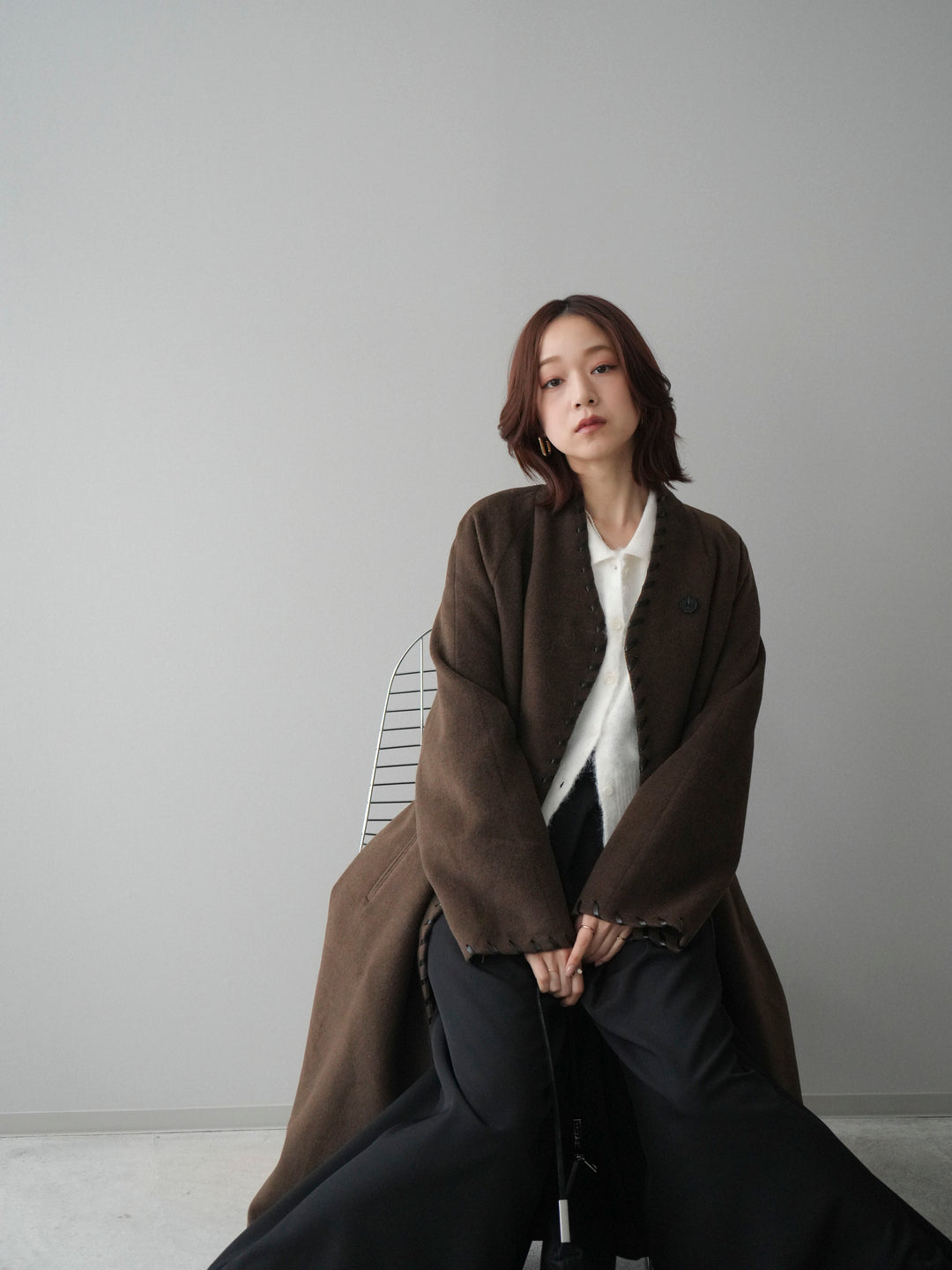 [SET]ハンドステッチ裏中綿ロングコート+テープベルトタックバギーパンツ(2set)