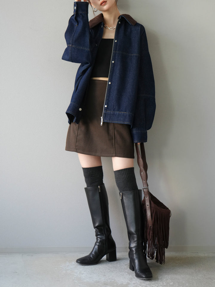 [予約]スウェード襟切替デニムブルゾン/インディゴ