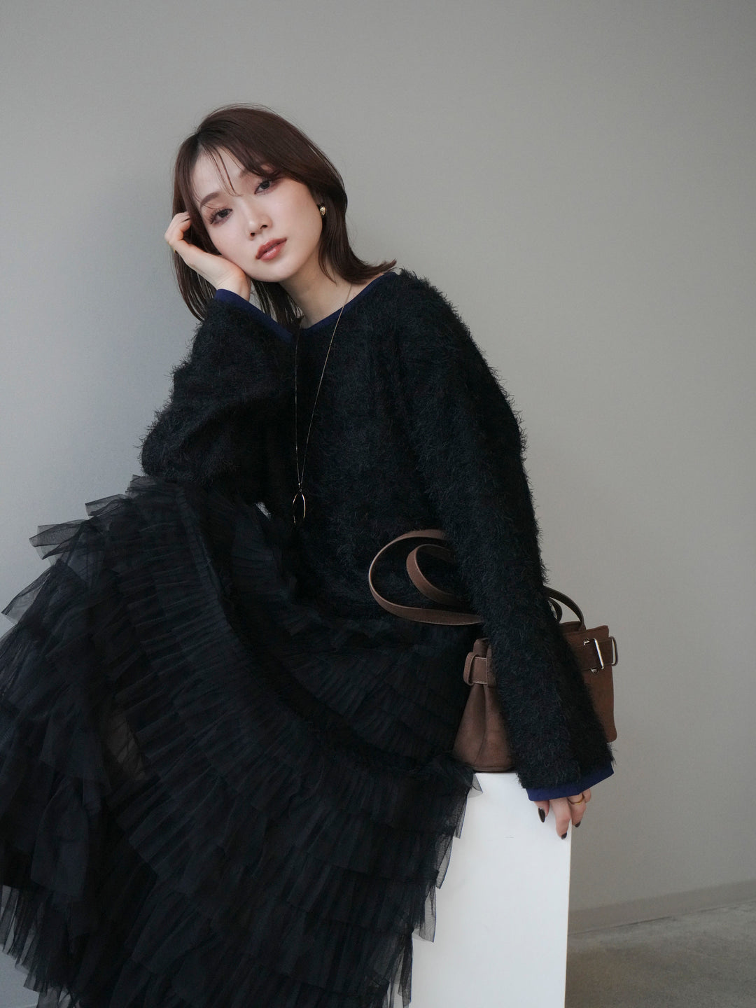 [予約]バイカラー2WAYシャギーニットカーディガン/black