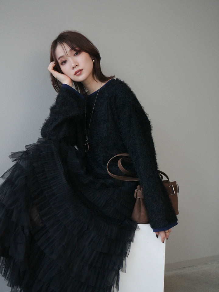 [予約]バイカラー2WAYシャギーニットカーディガン/black