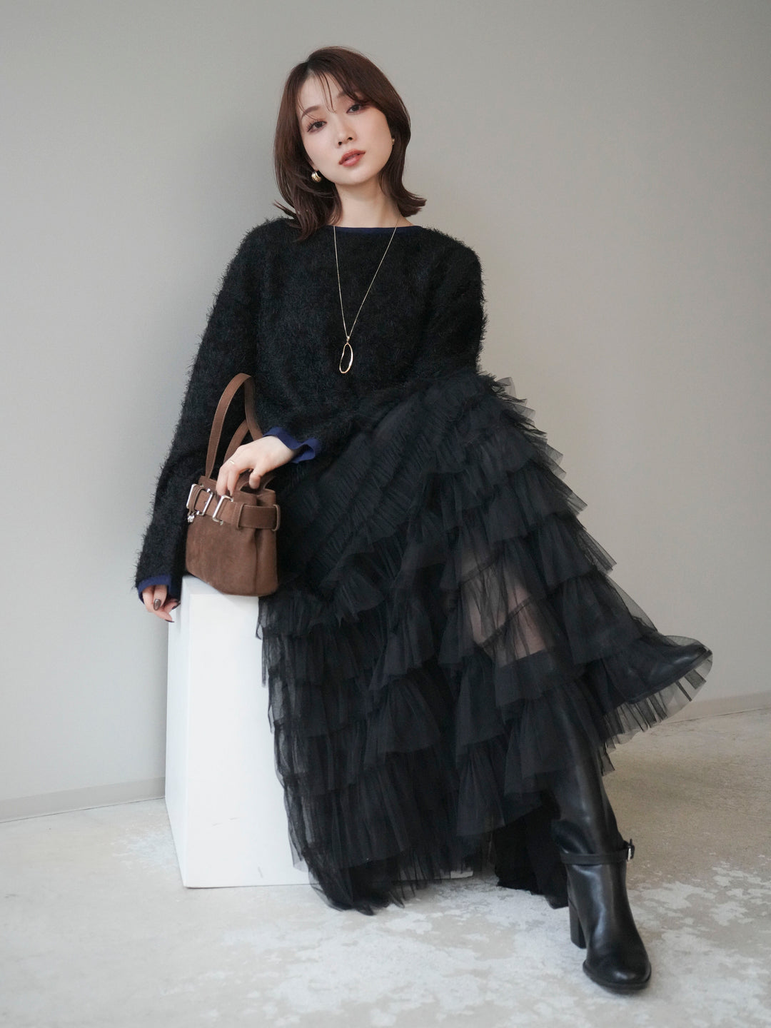 [予約]バイカラー2WAYシャギーニットカーディガン/black