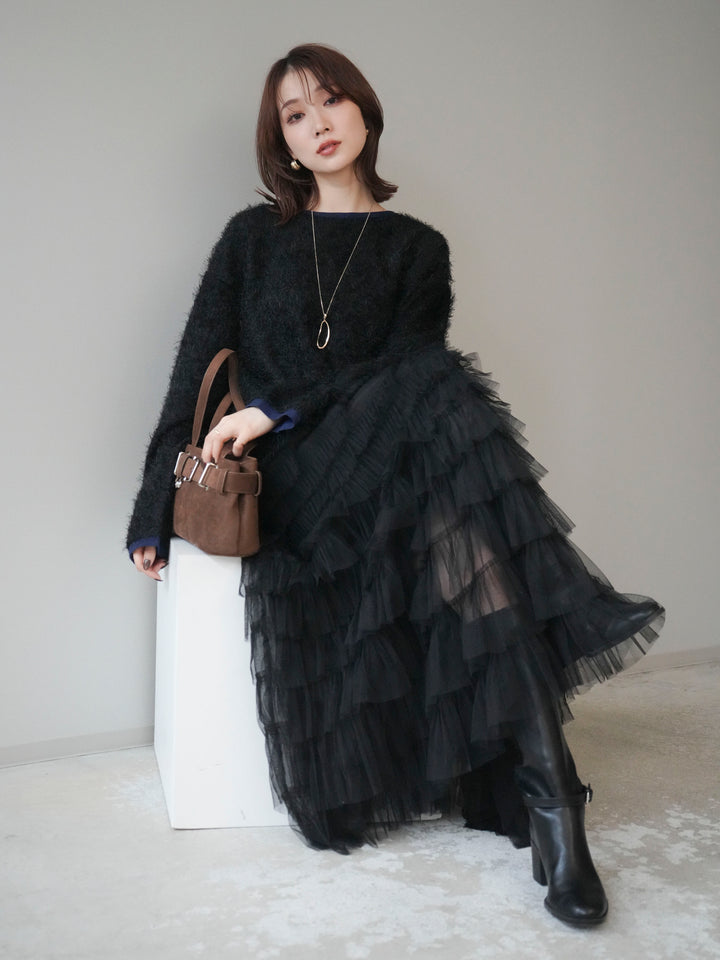 [予約]バイカラー2WAYシャギーニットカーディガン/black