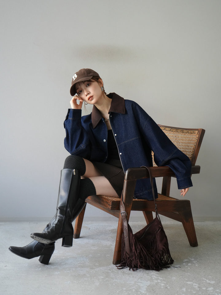 [予約]スウェード襟切替デニムブルゾン/インディゴ