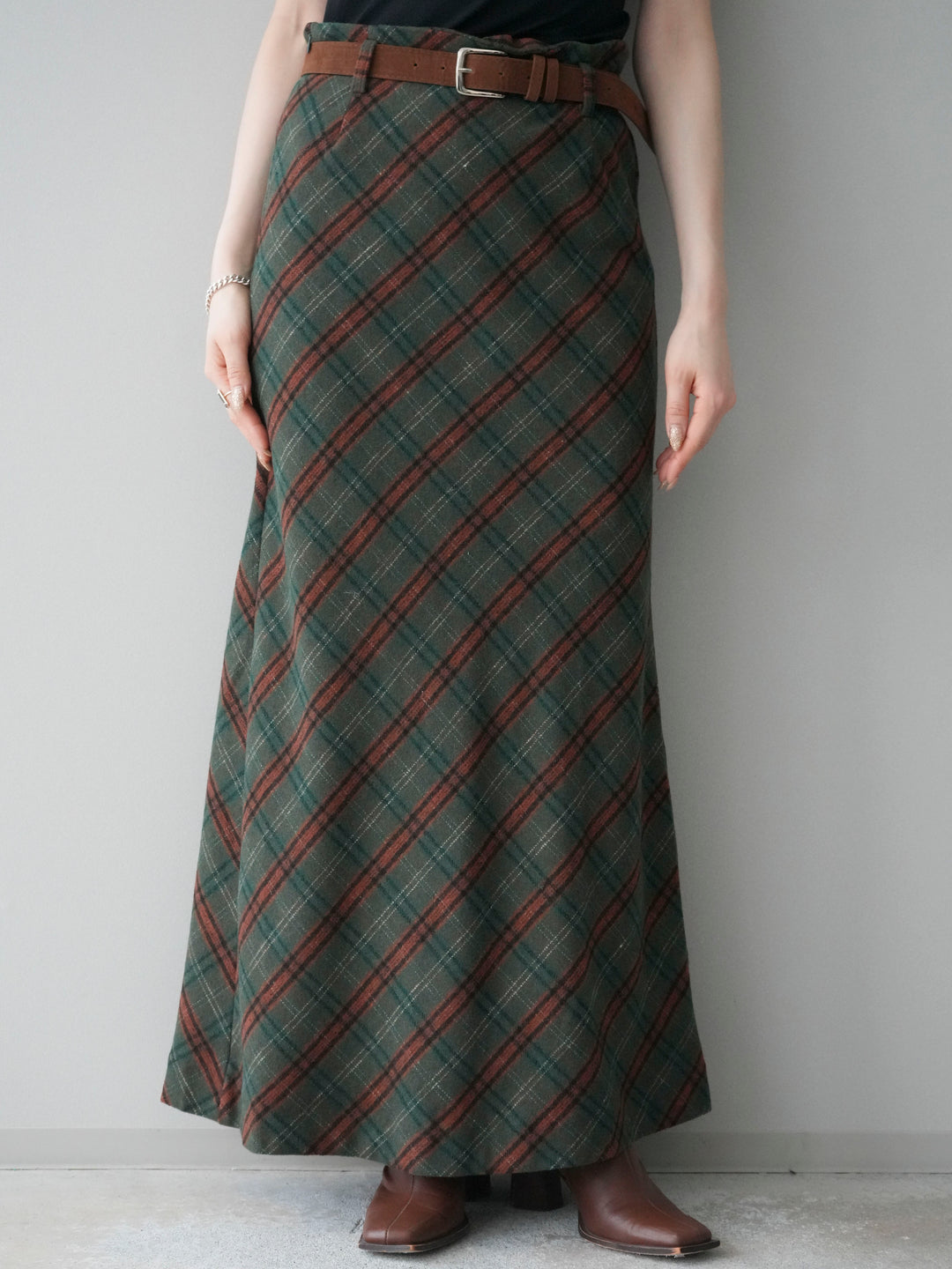 [予約]ベルト付チェック柄ナロースカート/green