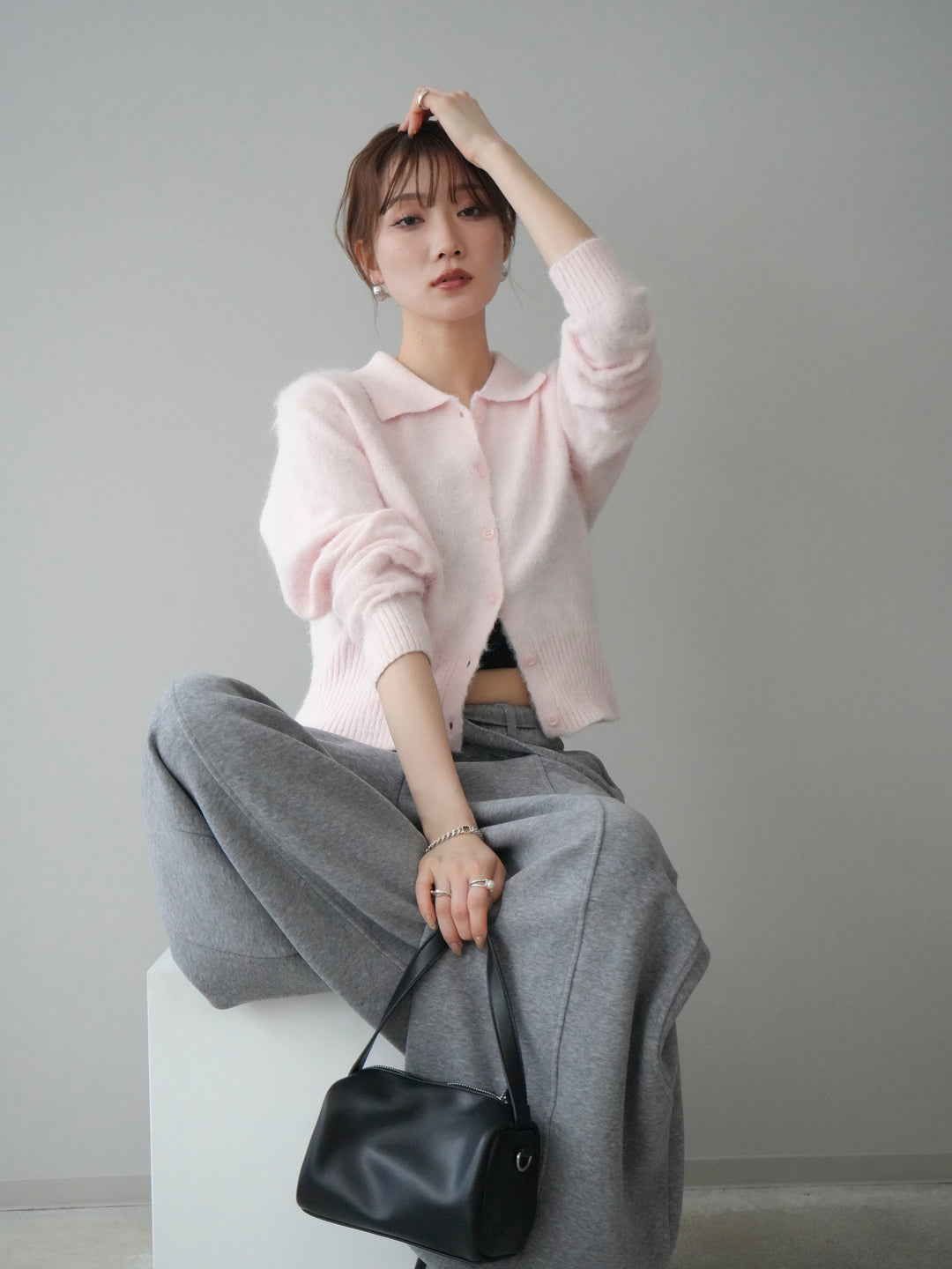 [予約]モヘア衿付きボタンプルオーバー/pink