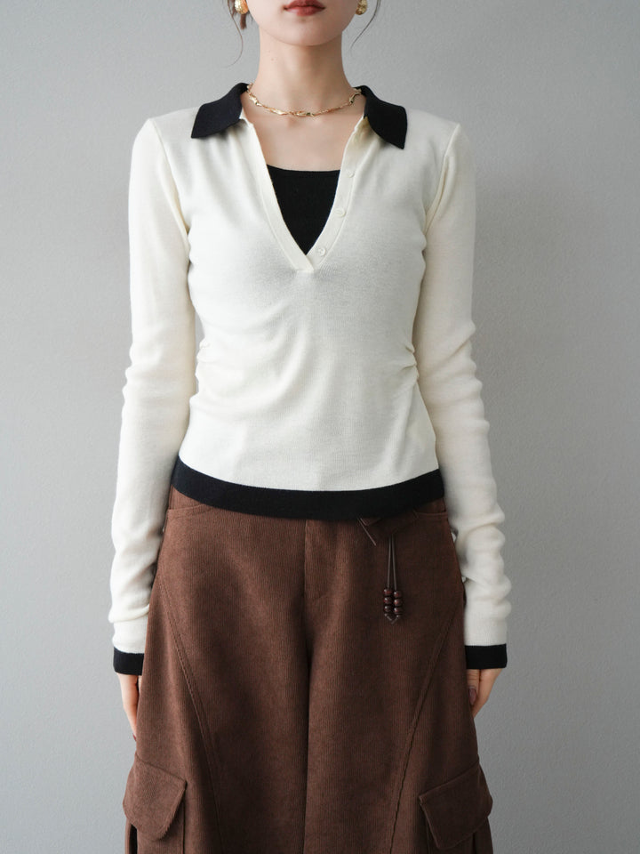 [予約]レイヤード配色ポロニットトップス/beige