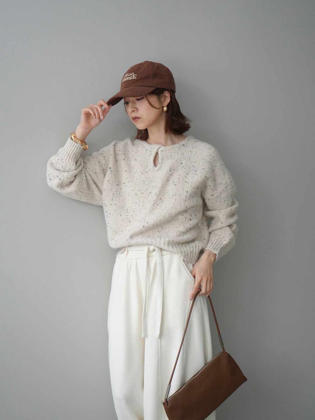 [SET]ツイストネックラメネップヤーンニットプルオーバー+ウエストベルトカーブラインスエットパンツ(2set)