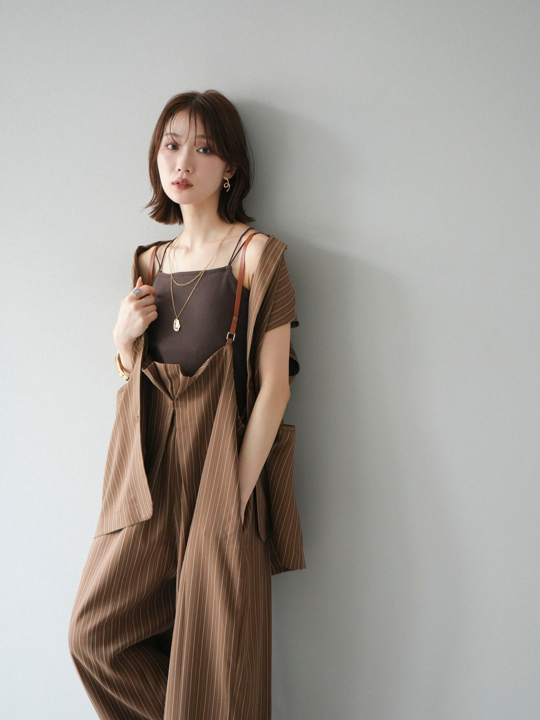 【着回しセット】[SET]ヘリンボーンストライプジレ+シアー切替ベロアトップス+ヘリンボーンストライプサロペット(3set)