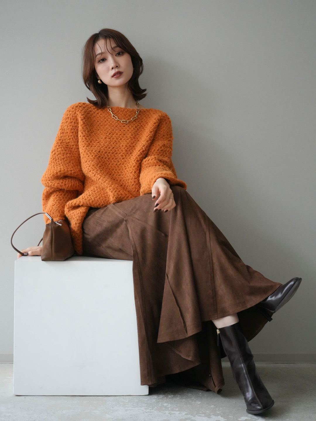 [予約]ワッフル編みオーバーニットプルオーバー/mustard