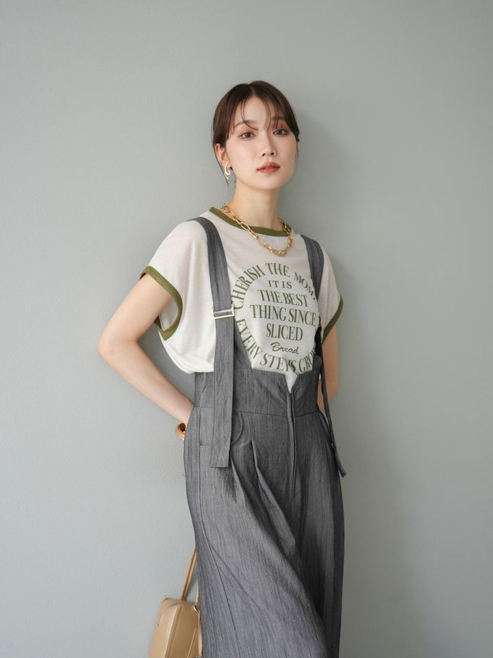 [SET]ストリングデザインハイウエストサロペット+シアーフライス ロゴプリントT (2set)