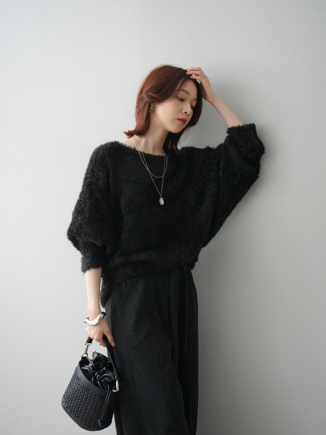 [予約]ラメシャギードルマンニットプルオーバー/black