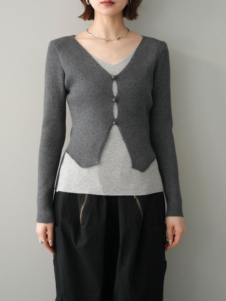 [予約]Vネック配色レイヤードスリットニットトップス/charcoal