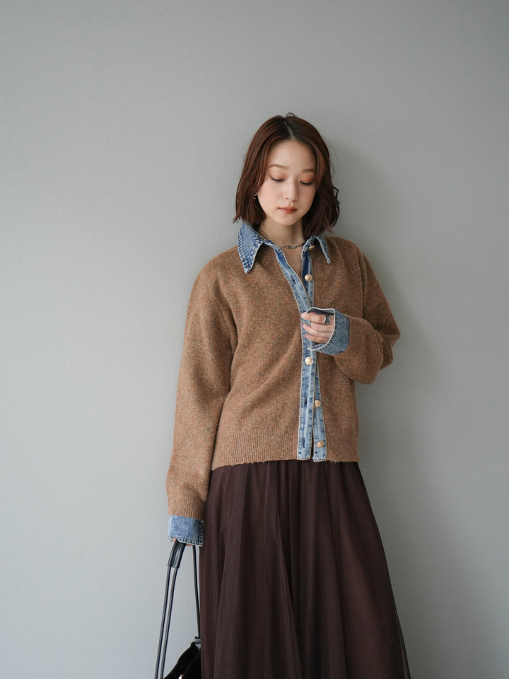 【預購】牛仔領紐扣針織開襟衫/駝色