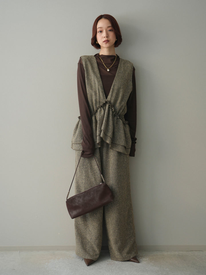 [SET]3WAYミックスツイードギャザーオールインワン+シアープチネックストレッチトップス(2set)