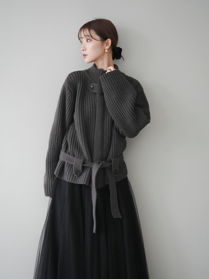 [予約]畦編みボトルネックZIPニットカーディガン/ gray