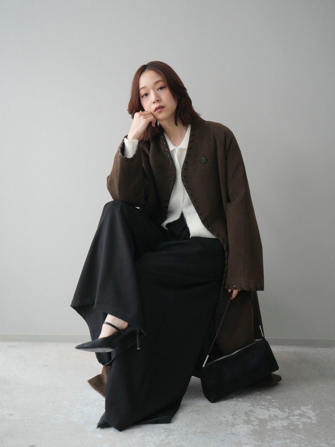 [SET]ハンドステッチ裏中綿ロングコート+モヘア衿付きボタンプルオーバー(2set)