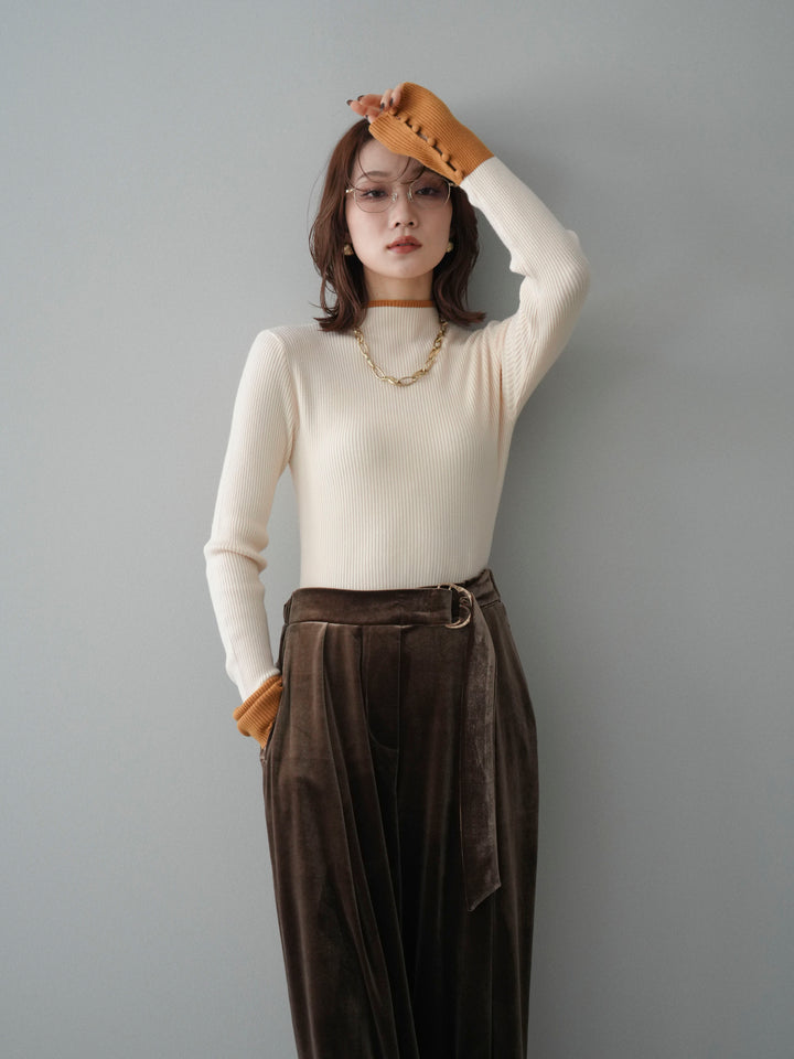 [SET]袖ボタンハイネック配色リブニットトップス+ベロアベルトスリムパンツ(2set)