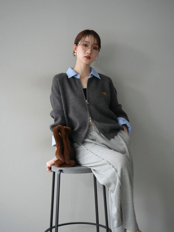 [SET]ストライプシャツレイヤードZIPニットカーディガン+選べるアクセセット(2set)